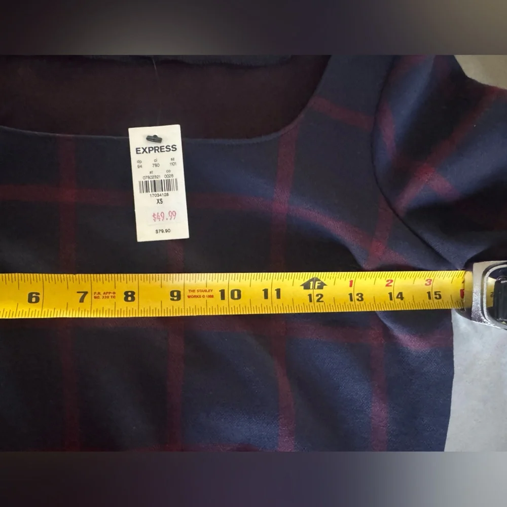 NWT Express Willow Plaid square neck Sheath Dress 3/4 sleeve XS‎